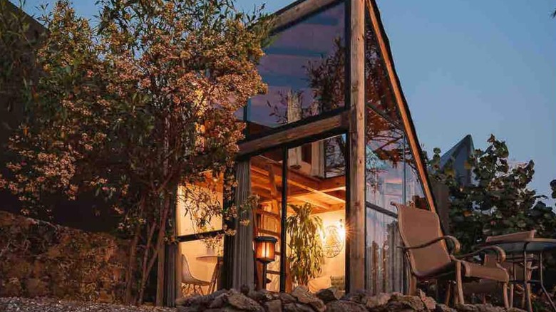 geometric cabin with glass windows