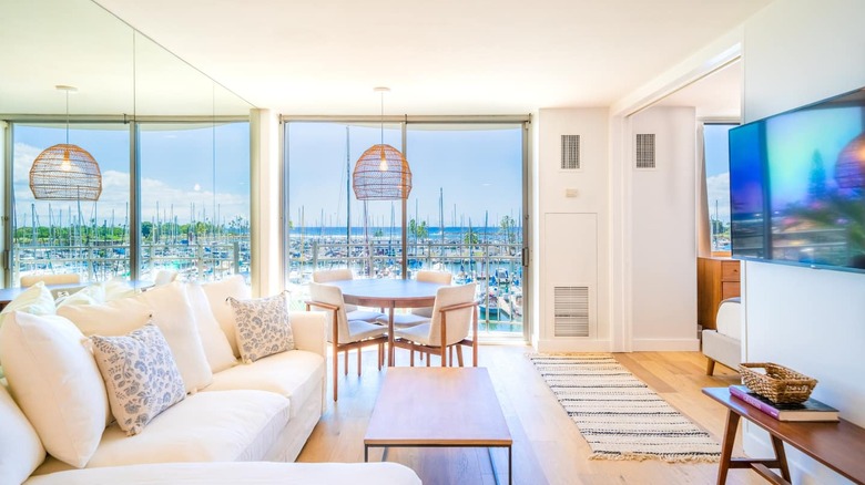 living room with marina views