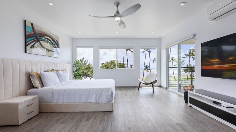 white modern living room with balcony