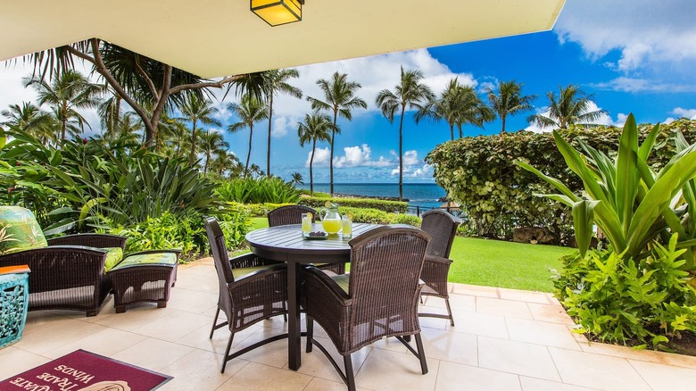 patio dining set with ocean view