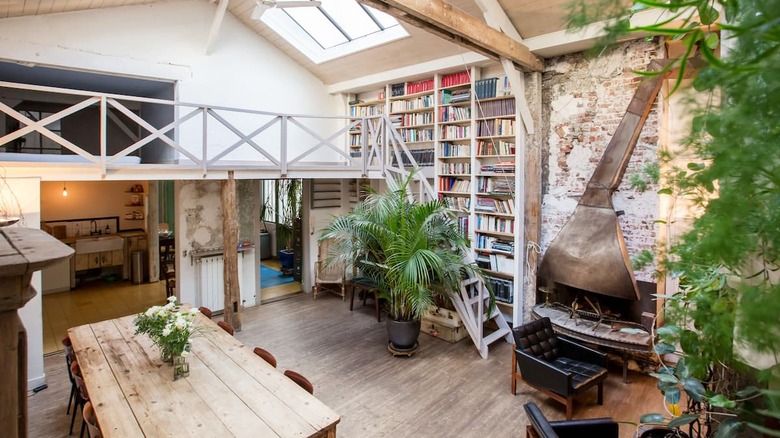 loft with plants and bookshelf 