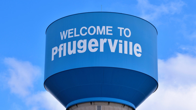Pflugerville water tower in sky