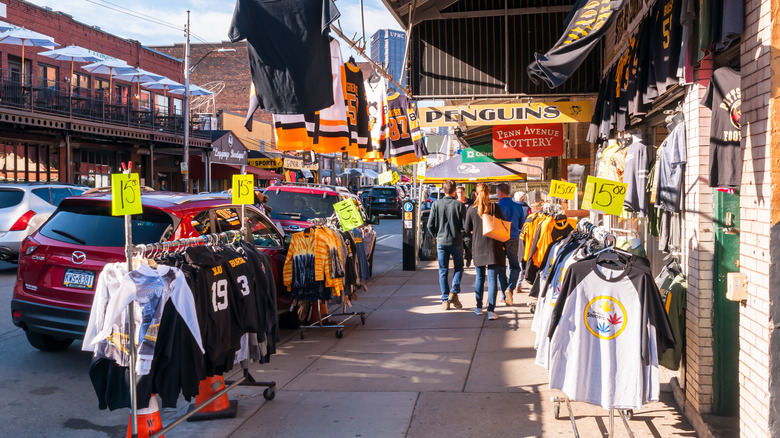 Street markets are lined with Pittsburgh Steelers merchandise