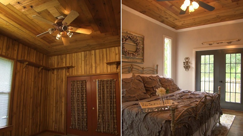 before and after bedroom makeover with wood ceiling