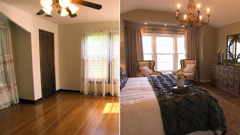 Before and after bedroom renovation with chandelier