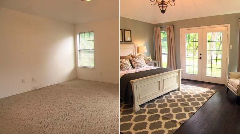 Before and after bedroom makeover with wood floors