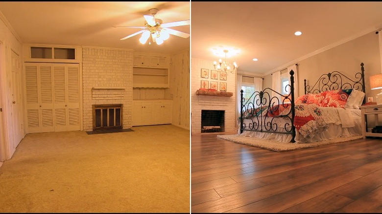 before and after bedroom transformation with fireplace