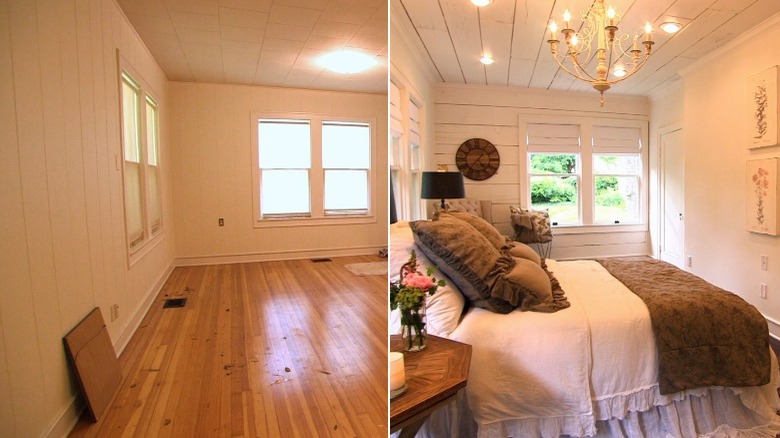 before and after bedroom makeover with shiplap