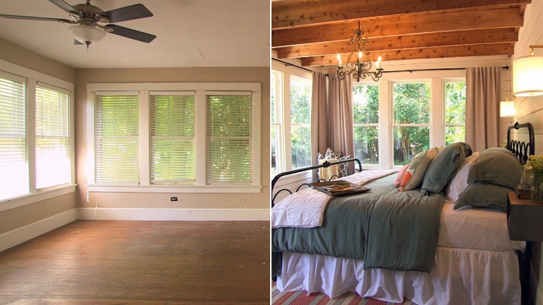 Bedroom before and after renovation with beam ceiling