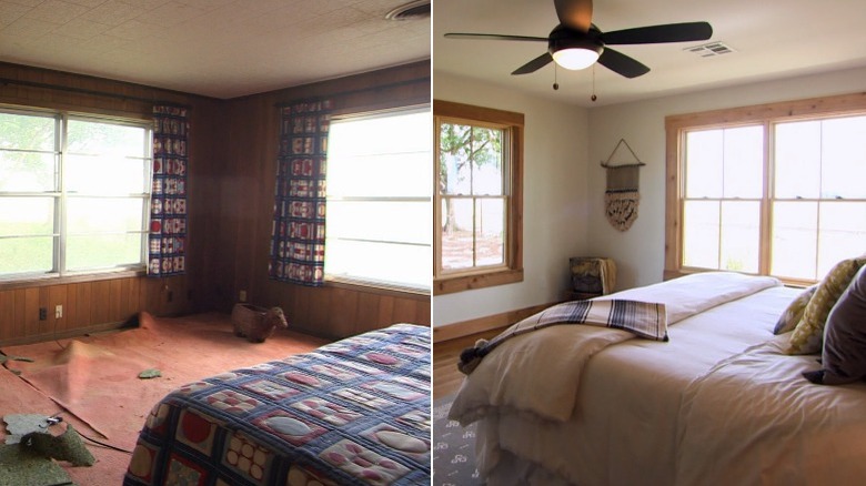 Before and after bedroom redo with large windows