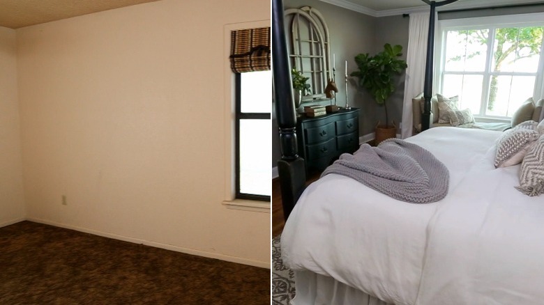 Before and after bedroom redo with white bedding