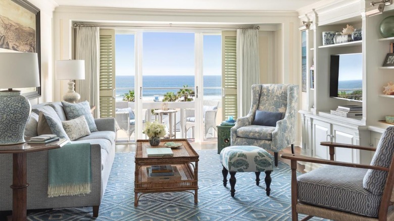 blue hotel room with ocean view