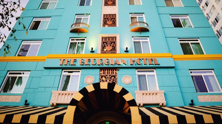 bright blue hotel entrance