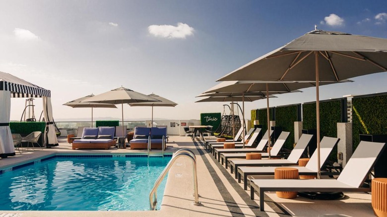 rooftop pool with lounge chairs