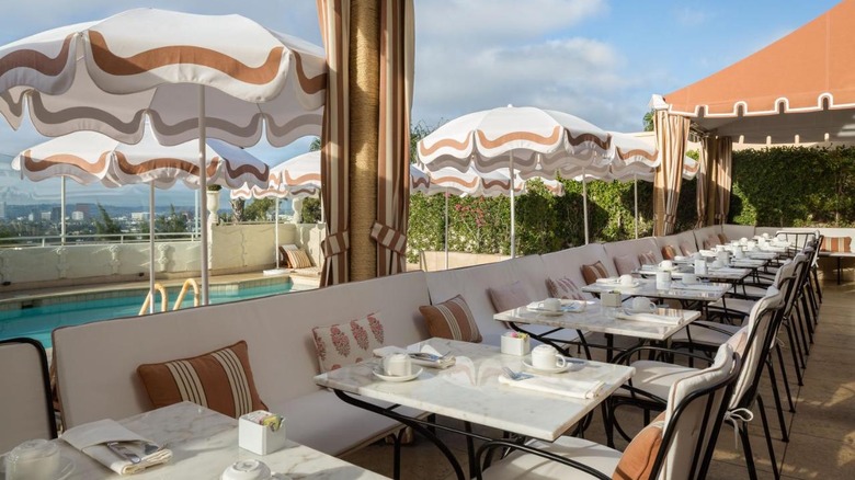 poolside restaurant with umbrellas 