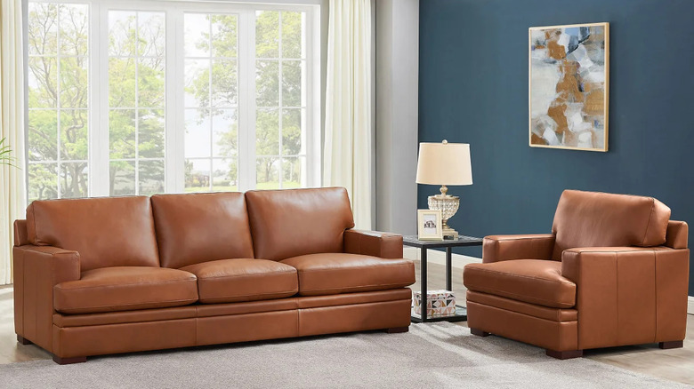 Nutmeg brown couches in brightly lit room