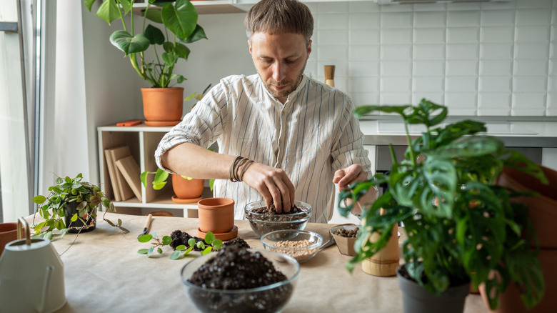 A gardener mixing up some potting soil ready for planting