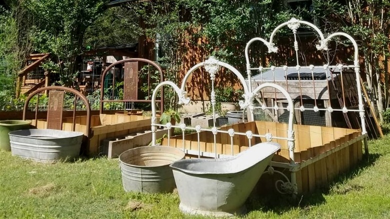 Old bed frames in garden