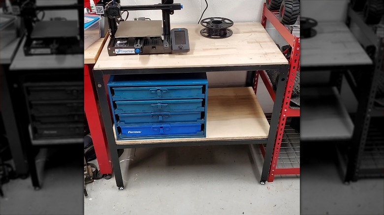 Tool storage shelf in garage