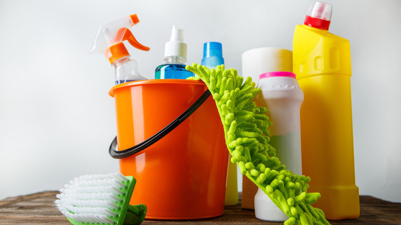 bucket of cleaning supplies