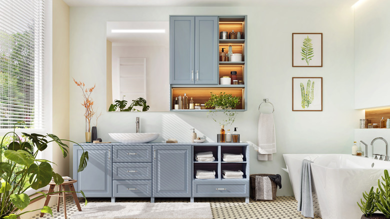 bathroom vanity in a neutral blue