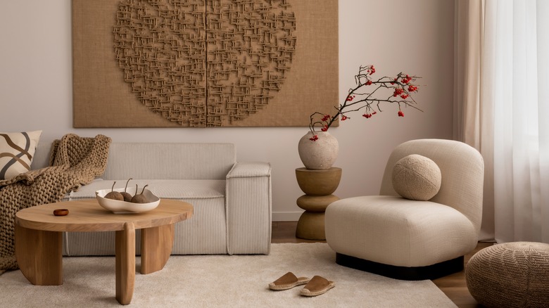 Beige living room with armless chair