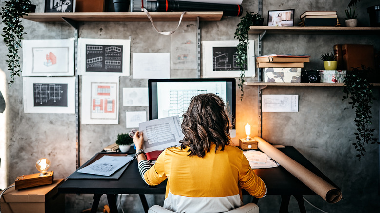 Woman sitting in an organized office