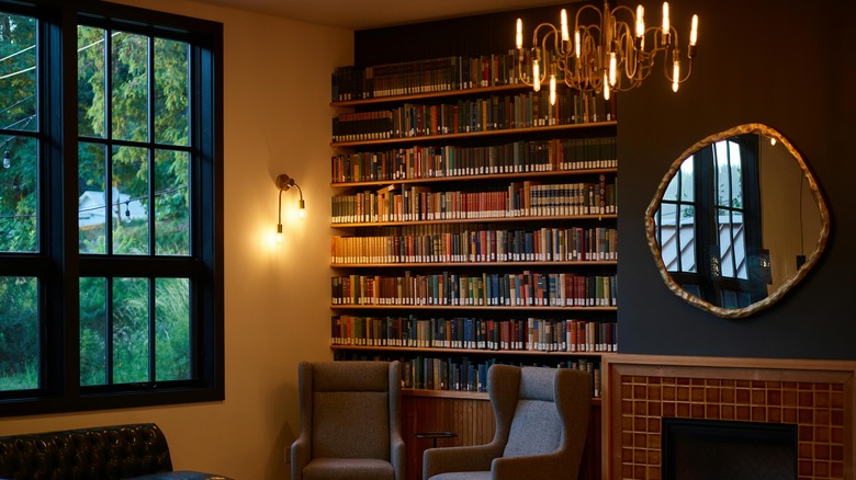 Home library with big windows