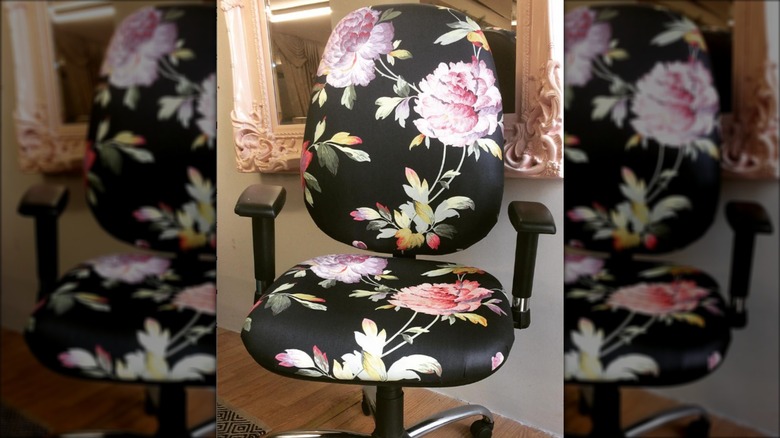 Rehabbed office chair with black floral fabric