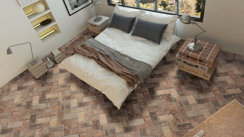 Modern bedroom with brick herringbone lay floor