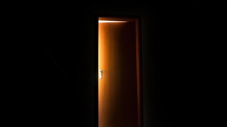 A dark hallway with a partly open wood door