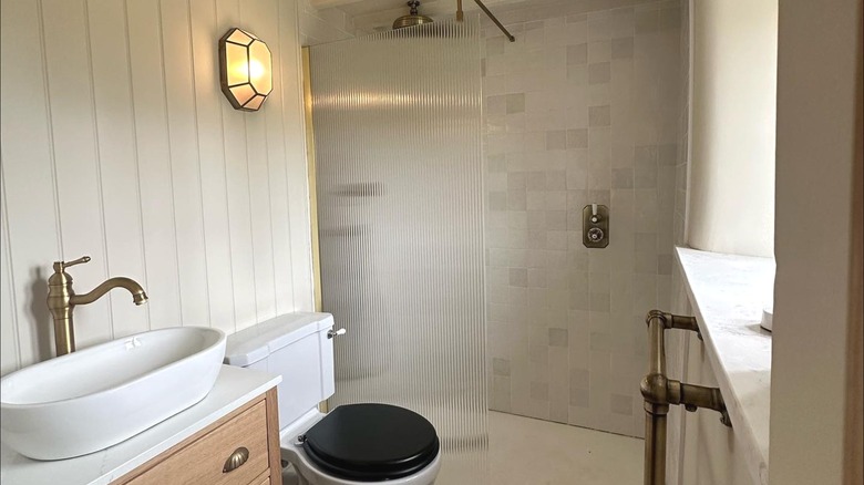 Opaque glass screen dividing the walk-in shower and toilet in a small bathroom