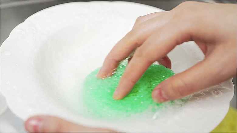person washing dish with scubber