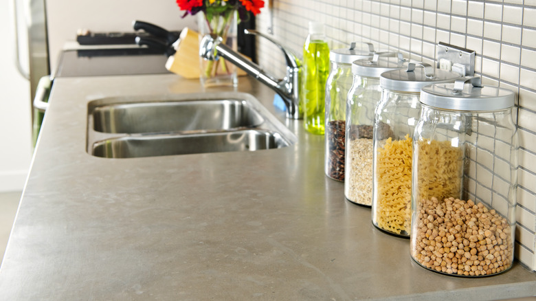 gray kitchen countertop with jars