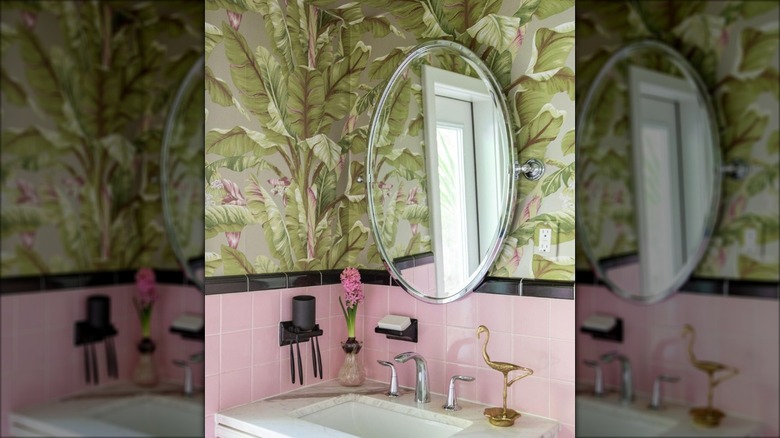 Pink tile with tropical wallpaper