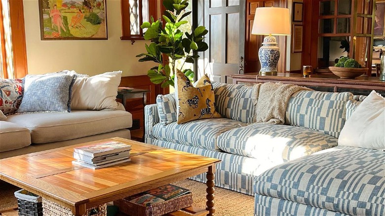 sofas with patterned throw pillows