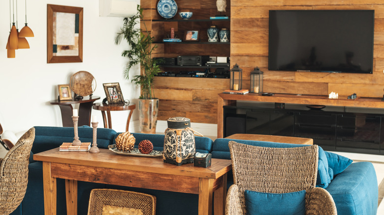 living room with wood accents