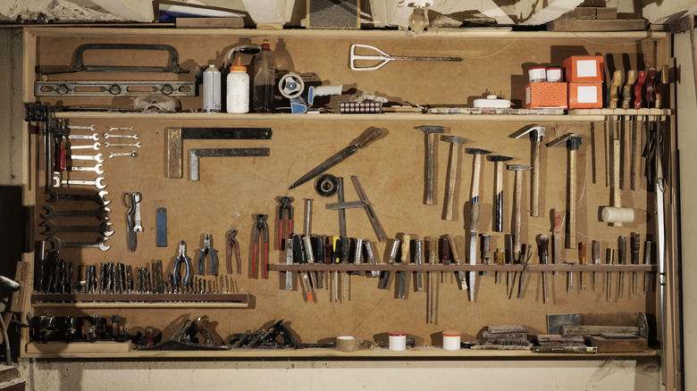 Wooden shelves in a garage