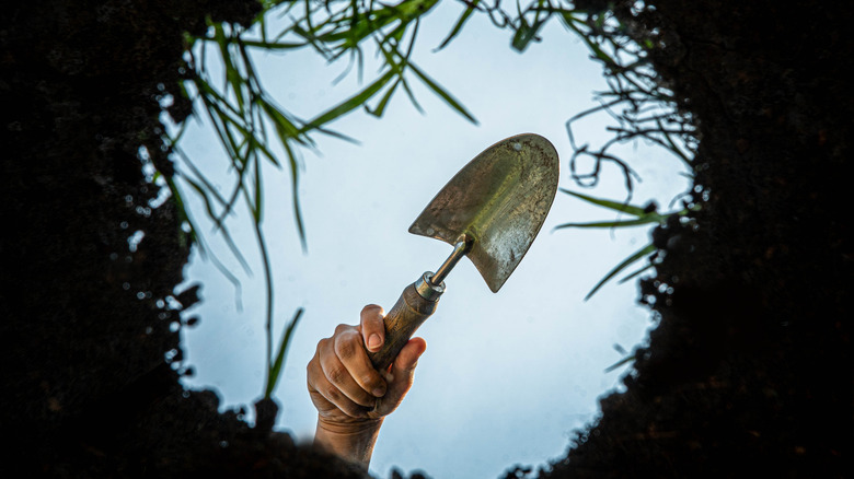 Hand digging flower bed