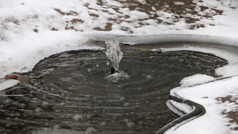 Snowy pond with fountain 