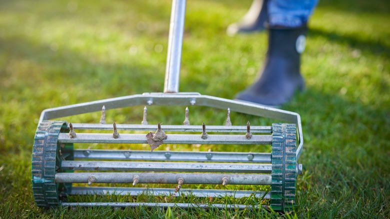 Person aerating their lawn