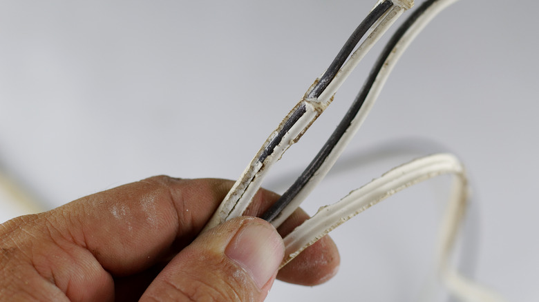 Hand holding damaged electrical wires.