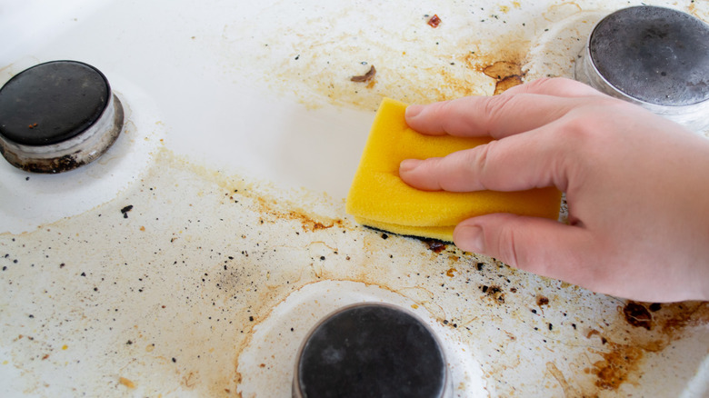 Kitchen sponge cleaning stovetop