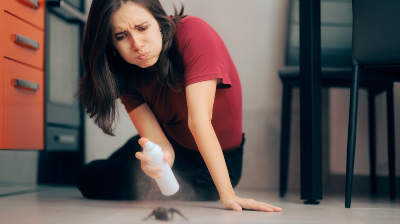 woman spraying spider with pesticide