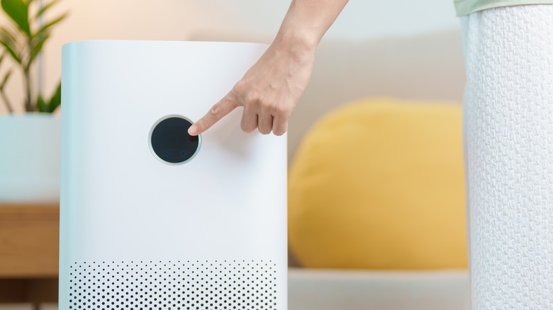 person turning on air purifier