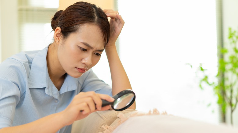 Woman examining sofa