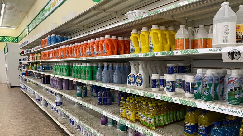 Stocked cleaning products aisle in Dollar Tree store