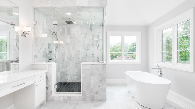 White bathroom with large shower