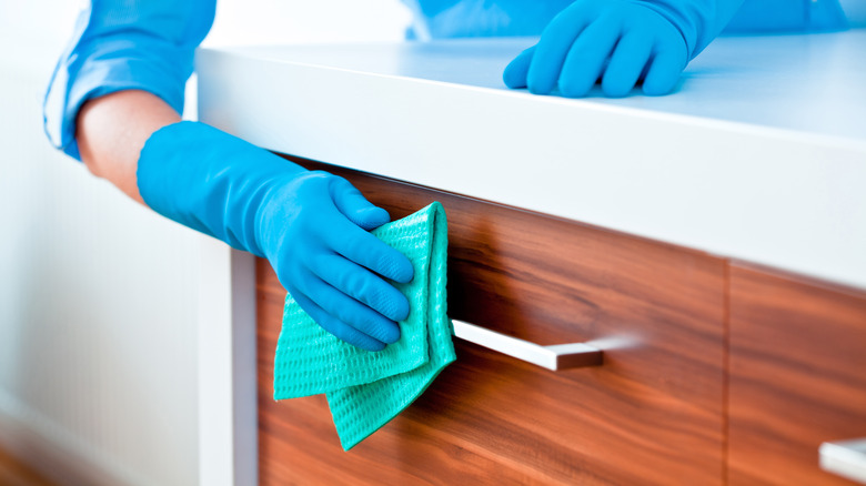 Person cleaning kitchen cabinets