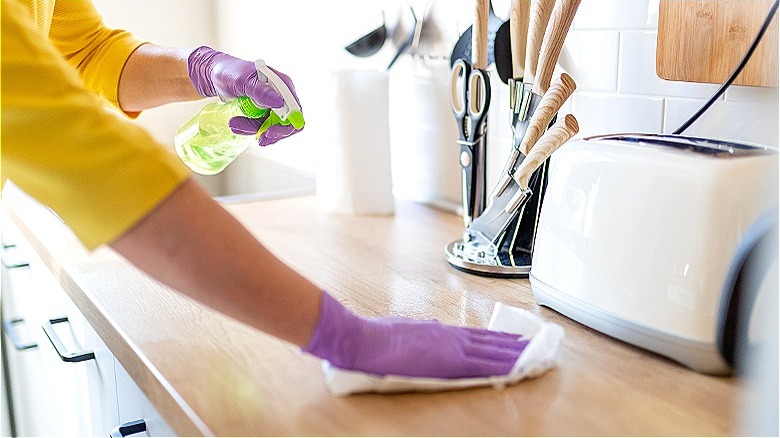 Person cleaning counters with spray